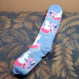 Light Blue Knee High Socks Llama Riding Flamingo Tube- One SIze